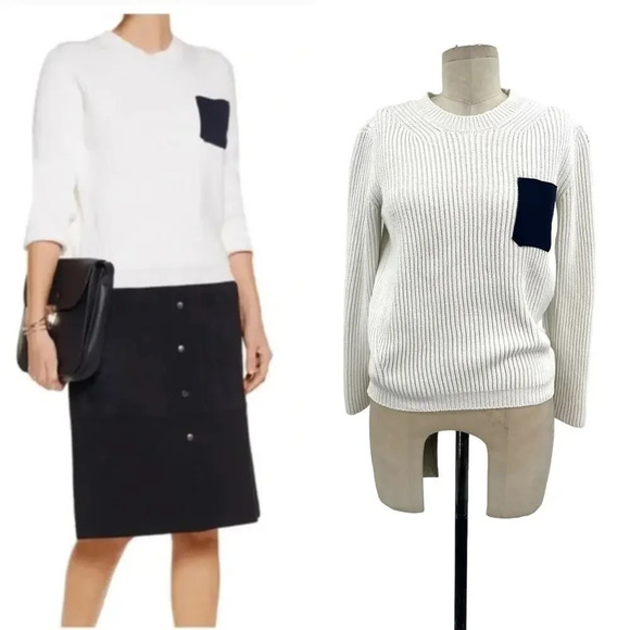 Sandro‎ Sharlene Knit Sweater White Navy Blue Pocket Size 3 / US Large - Picture 1 of 13